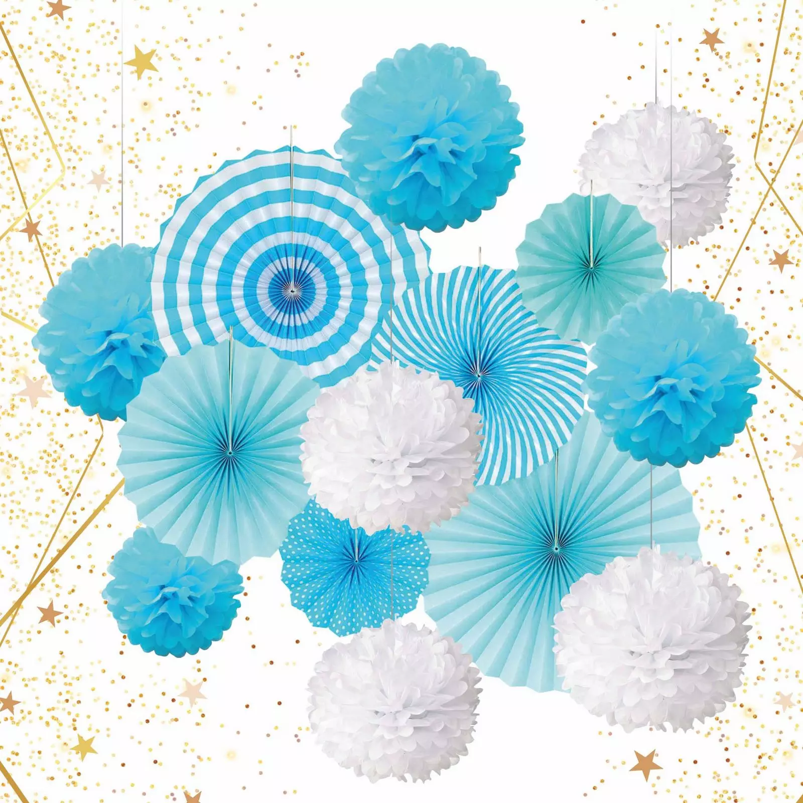 Набор вееров с помпонами Праздничное утро 14 шт голубой/белый 219-010