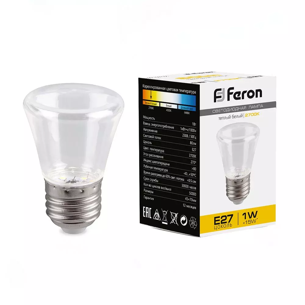 Лампа светодиодная Feron 25909 230V E27 2700K C45 прозрачная LB-372