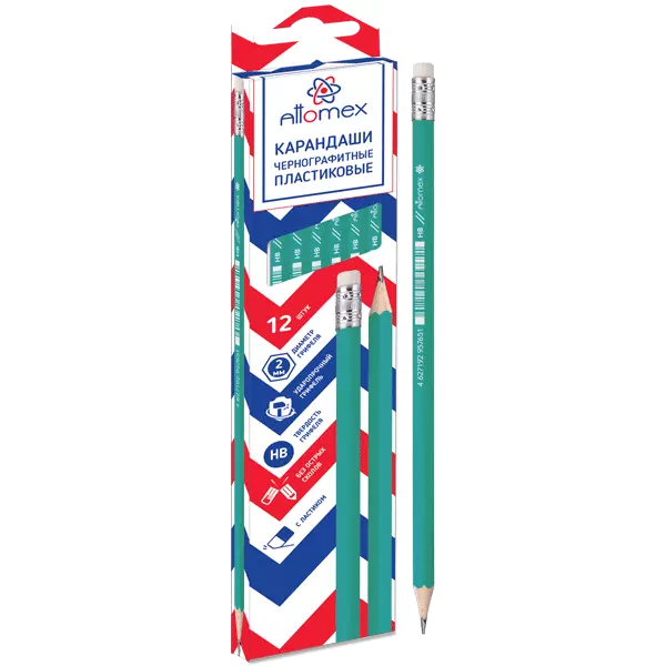 Простой карандаш HB, грифель 2 мм, с ластиком, пластиковый зеленый корпус, Attomex 5032108