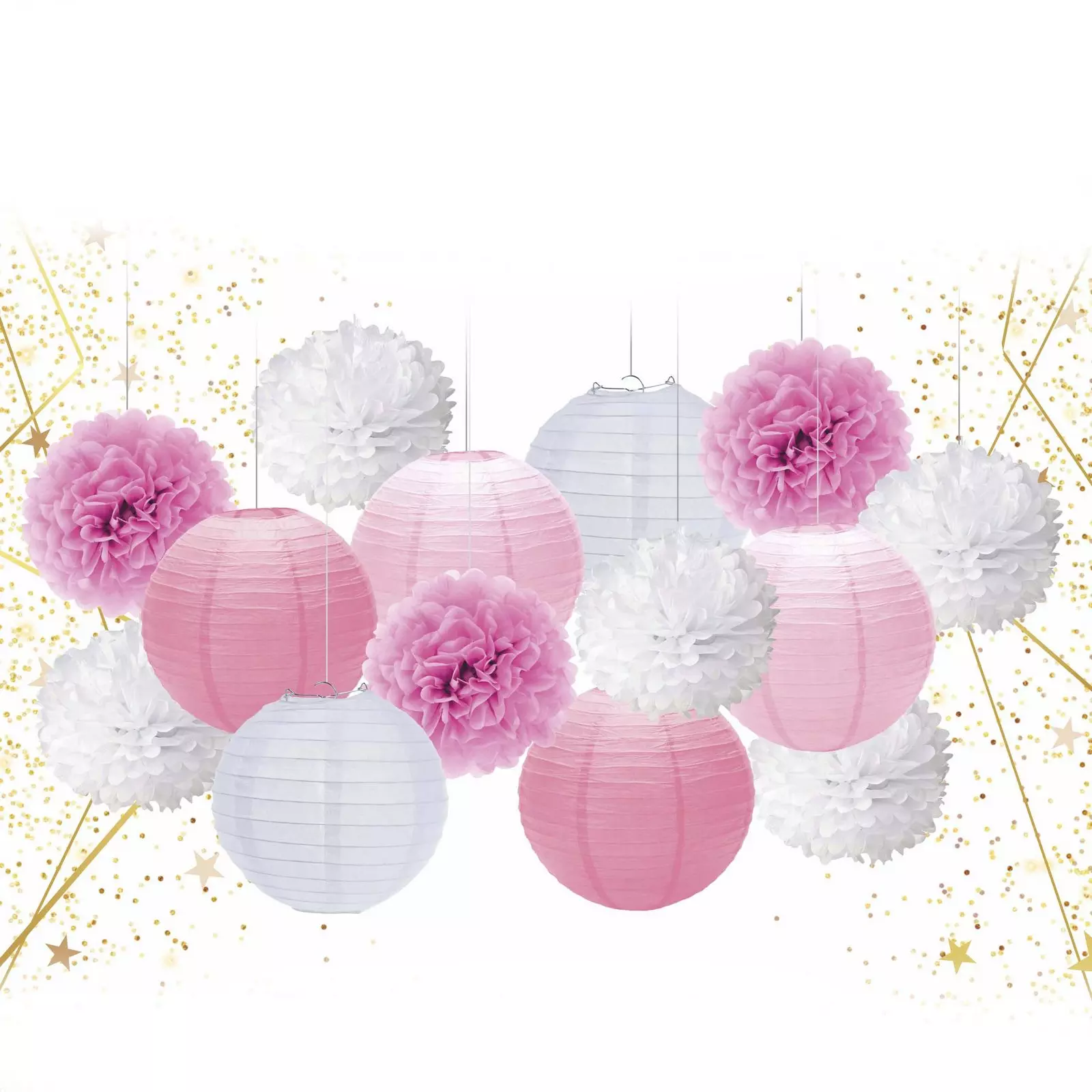 Набор помпонов и фонариков Веселый праздник 14 шт розовый/белый 219-050