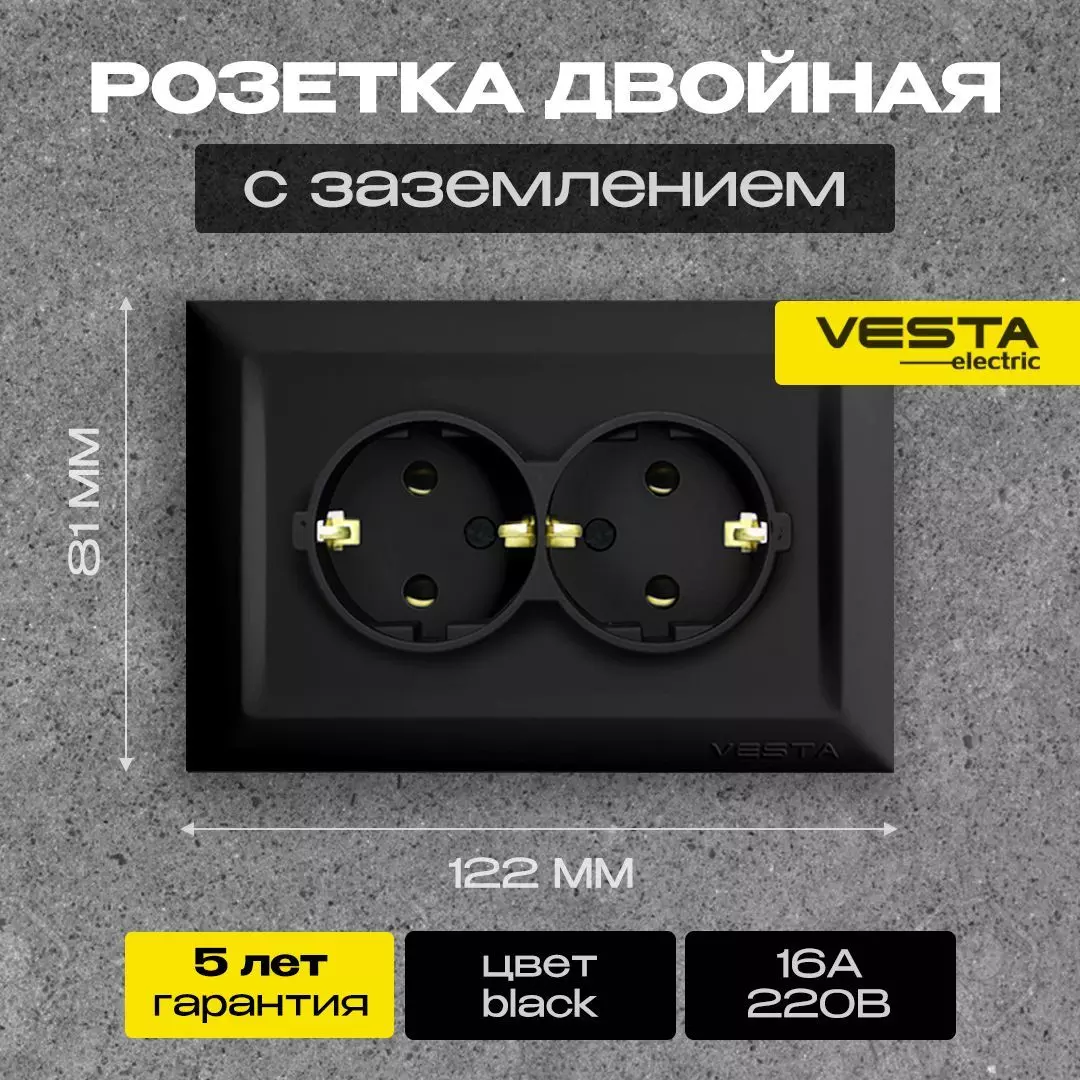 Розетка двойная Vesta-Electric c заземлением цвет черный