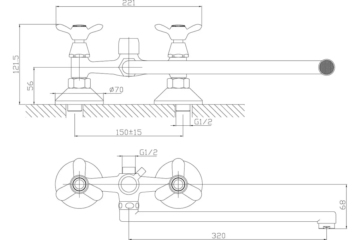 Двухвентильный смеситель для ванны, длинный излив 35 см, хром, Rossinka Q02-80, латунь