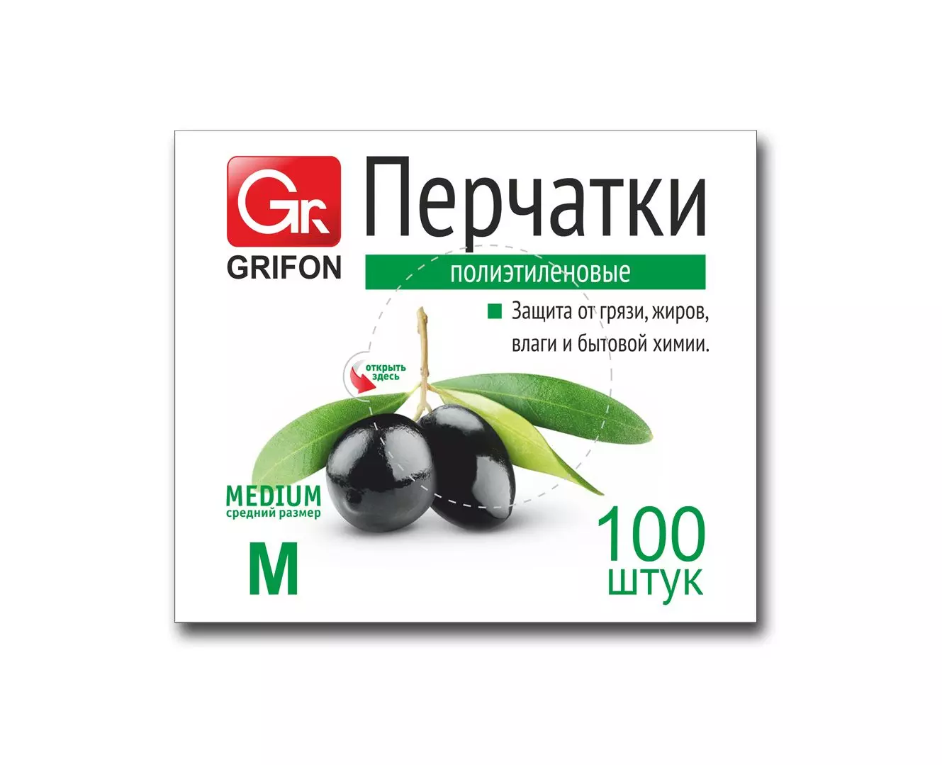 Перчатки полиэтиленовые Grifon, р-р М, 100 шт. в п/э упаковке 303-018