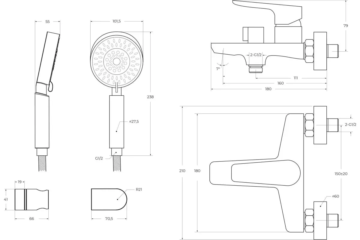 Смеситель для ванны и душа, хром BelBagno ANCONA-VAS/DFS-CRM в комплекте с ручным душем, шлангом и д