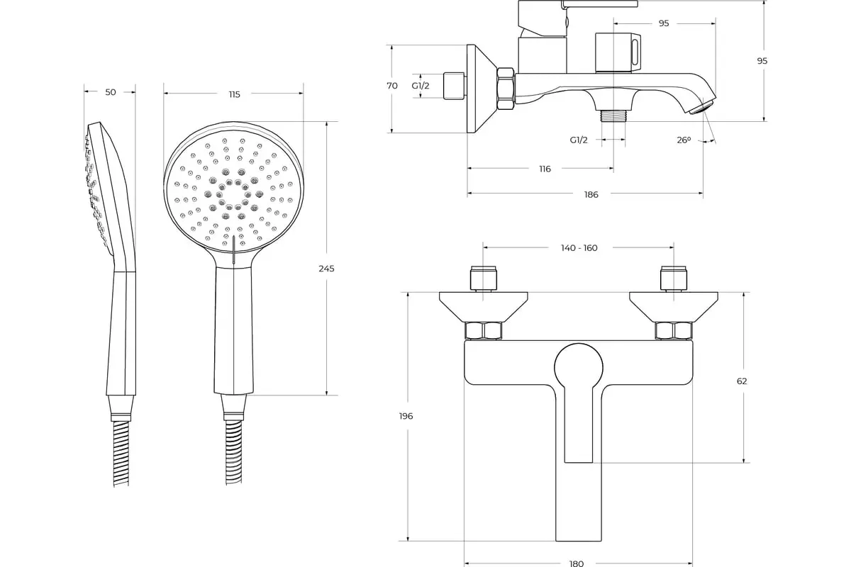 Смеситель для ванны и душа, хром BelBagno AURORA-VASM-CRM в комплекте с ручным душем, шлангом и держателем, латунь