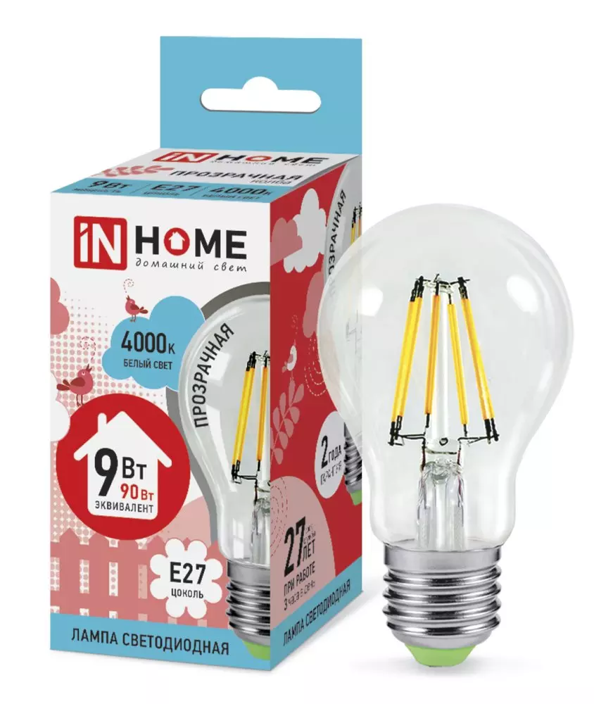 Лампа светодиодная IN HOME LED-A60-deco Е27 230В 9Вт 4000К 1040Лм прозрачная