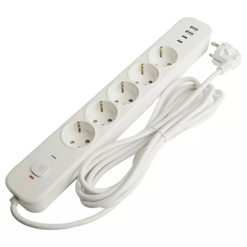 Сетевой фильтр STEKKER 6 розеток +2 USB +2 Type-C 5 метров 3520Вт 50104