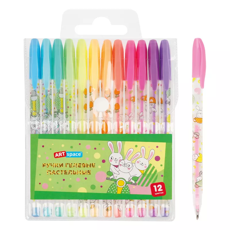 Гелевые ручки 12 цветов ArtSpace Bunny, 1 мм, пастельные, ПВХ чехол 