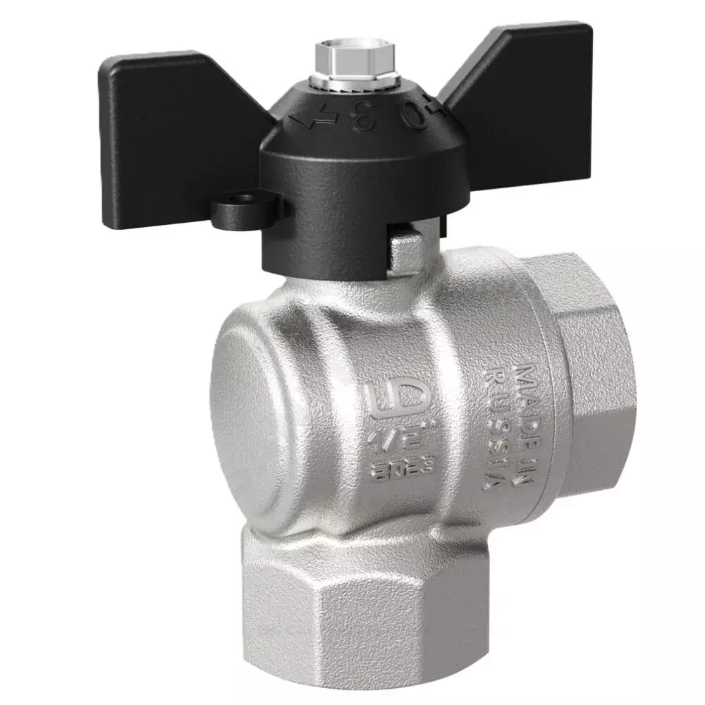 Кран шаровой угловой 1/2&quot; ВР, никель, бабочка черная, Pride LD 47.200.15, стандартный проход