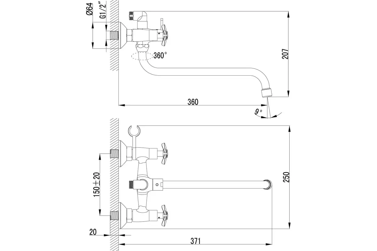 Двухвентильный смеситель для ванны, длинный излив 30 см, хром, Lemark PARTNER LM6541C, латунь