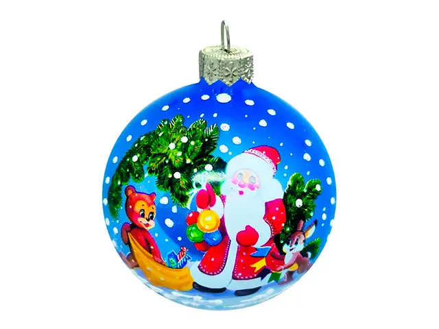 Новогодний шар Дед Мороз и зверюшки, стекло, 80 мм, в подарочной упаковке, КУ-80-214070