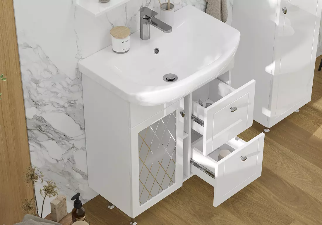 Тумба с раковиной напольная 70 см VOLNA Milena/Милена Т7 белый с дверкой и 2 ящиками + рак. Балтика 70, tnMILENA70.1D.2Y-01