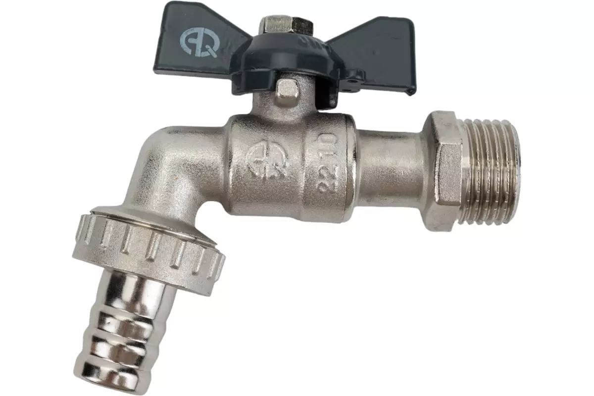 Кран водоразборный шаровой 1/2" НР, штуцер, никель, W h B бабочка, AQUALINK 01489