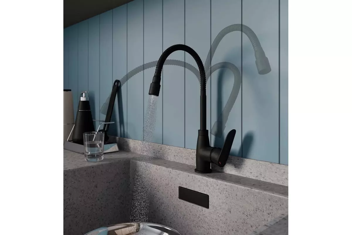 Смеситель для кухни, гибкий излив с душ. насадкой, черный матовый, Milardo Meal, M07BL2FM05, латунь