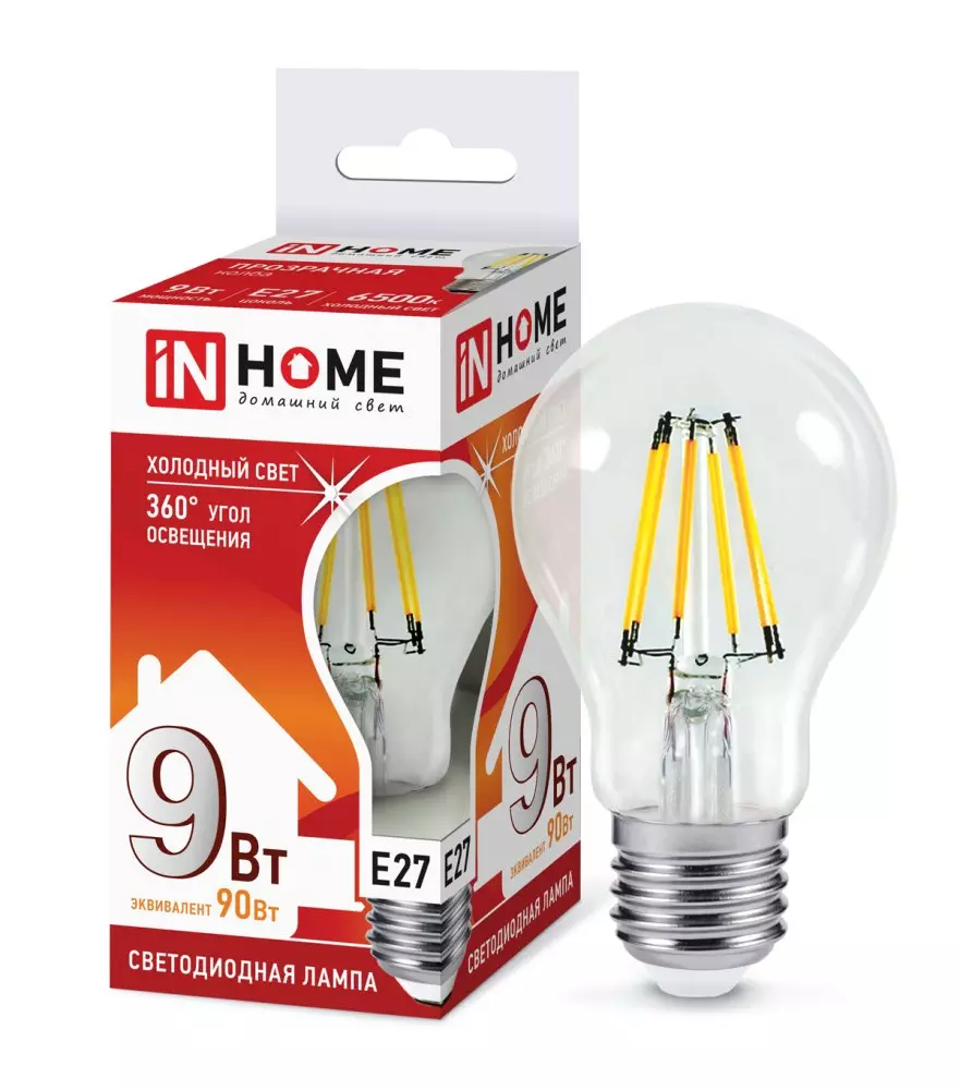 Лампа светодиодная IN HOME LED-A60-deco Е27 230В 9Вт 6500К 1040Лм прозрачная