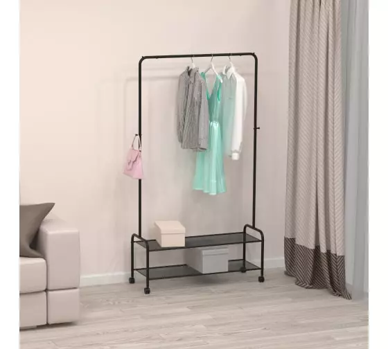 Вешалка гардеробная &quot;Валенсия 32М&quot; с двумя полками, на колёсах (VALENCIA 32M clothes rack) (Черный)