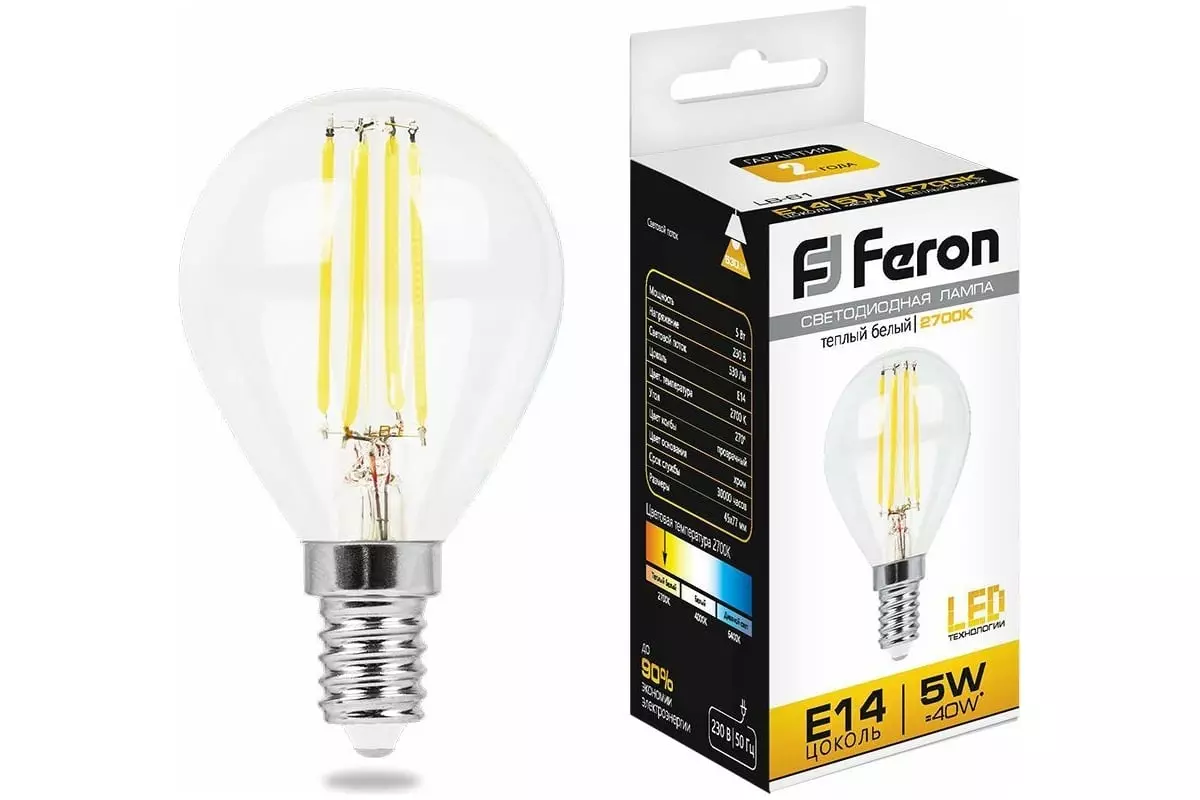 Светодиодная лампа Е14 220В 5Вт 2700К шар филаментная теплый свет FERON 25578