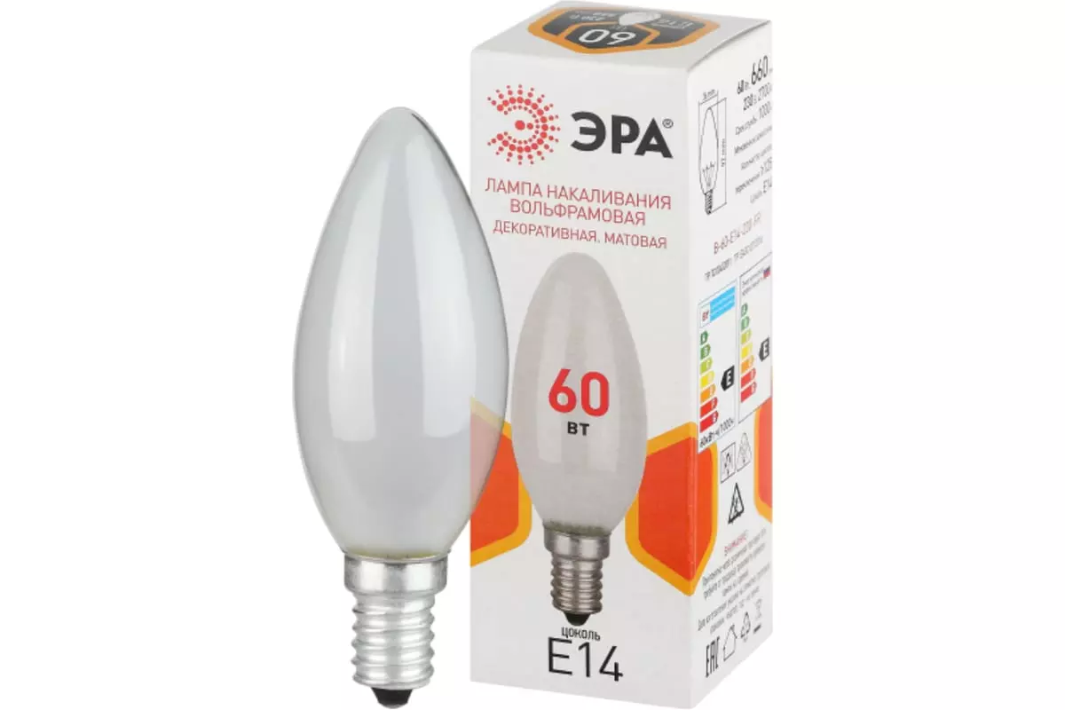 Лампа накаливания Е14 220В 60Вт свеча матовая ЭРА Б0066376