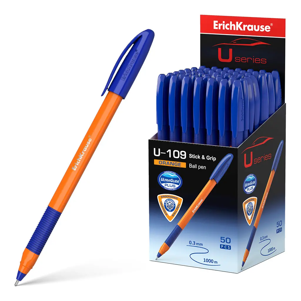 Шариковая ручка синяя Erich Krause 47591 U-109 Orange Stick&Grip 1.0, Ultra Glide Technology