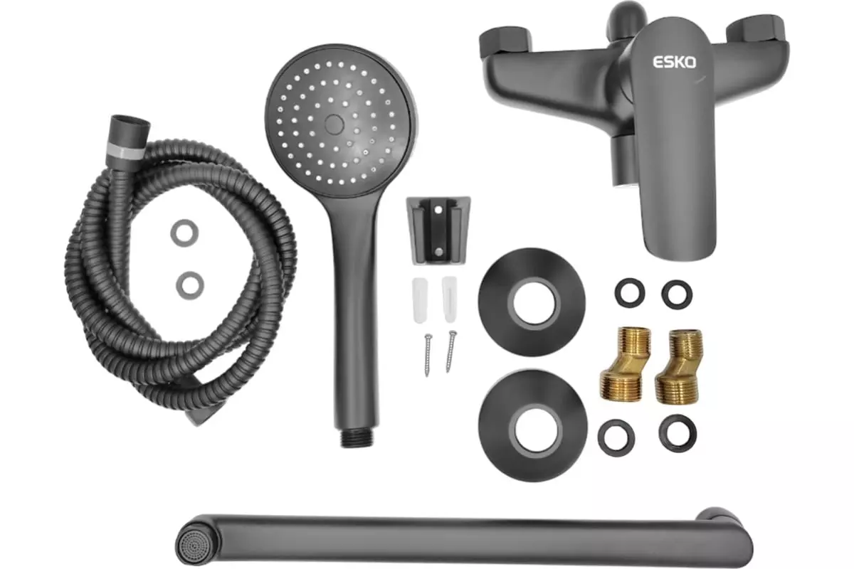 Смеситель для ванны, длинный излив 30 см, графит ESKO Lagos Gun Metal LG31GM с аксессуарами