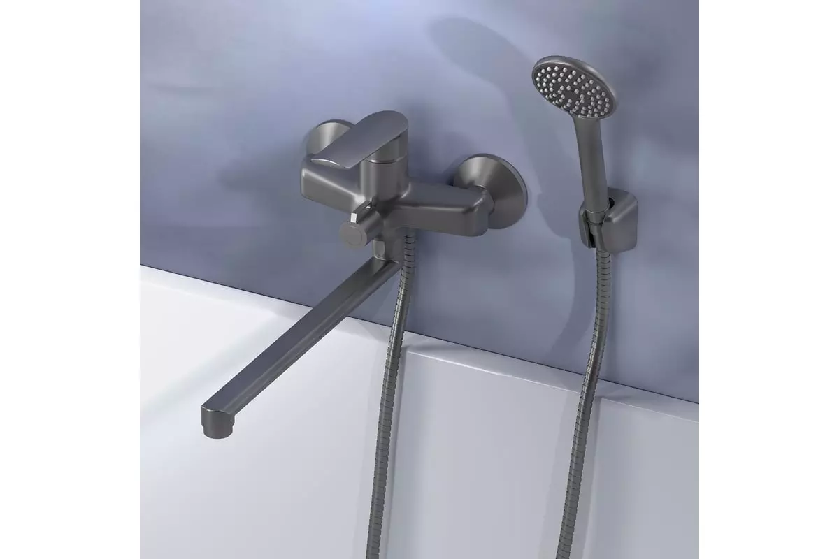 Смеситель для ванны, длинный излив 30 см, графит ESKO Lagos Gun Metal LG31GM с аксессуарами