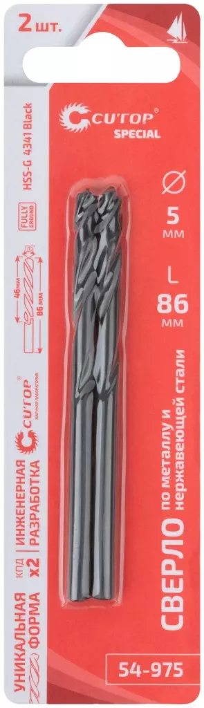 Сверло по металлу HSS-G 5 мм L-86 мм Cutop Special 54-975 2 шт