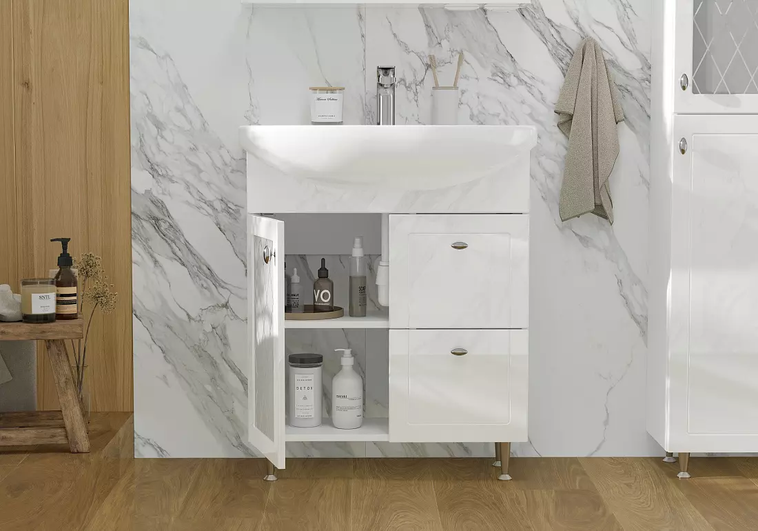 Тумба с раковиной напольная 70 см VOLNA Milena/Милена Т7 белый с дверкой и 2 ящиками + рак. Балтика 70, tnMILENA70.1D.2Y-01