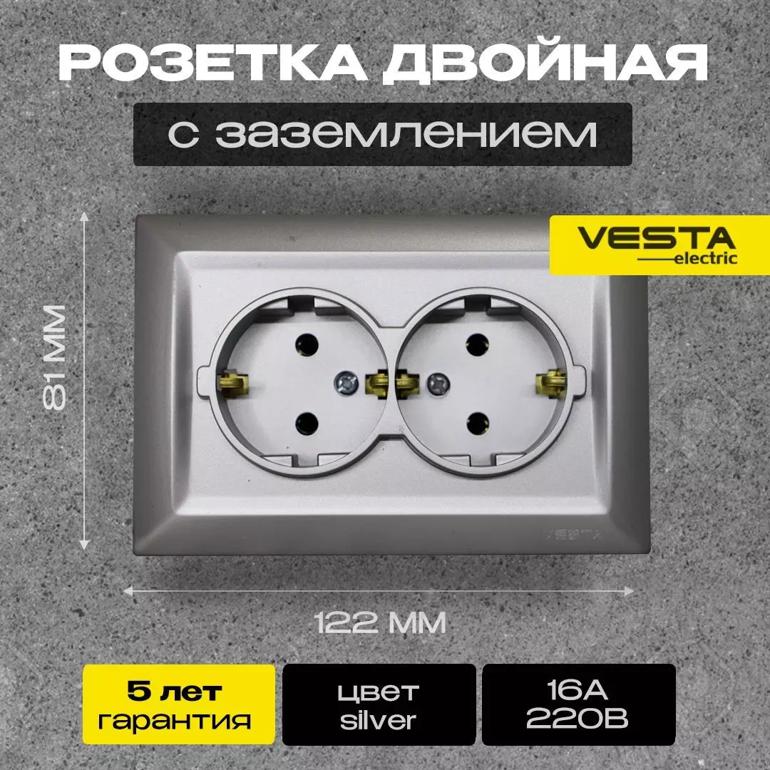 Розетка Vesta-Electric Roma двойная c заземлением цвет серебристый металлик