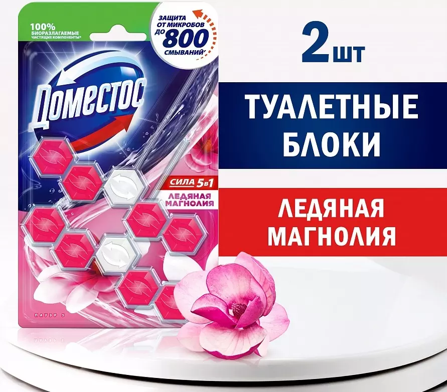 Средство для унитаза ДОМЕСТОС Power5 Ледяная Магнолия 2х55 г
