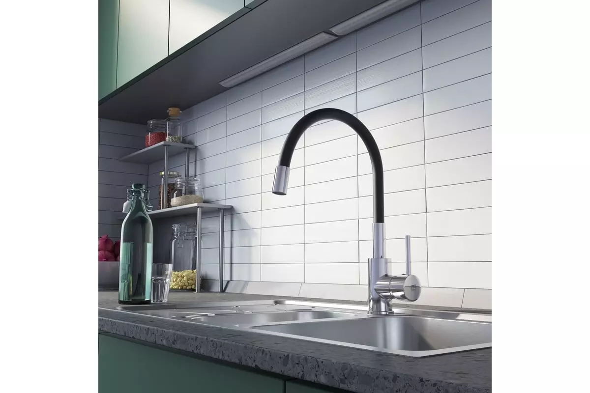 Смеситель для кухни, гибкий излив, черный/хром, Milardo Meal, M01SB0FM05, латунь