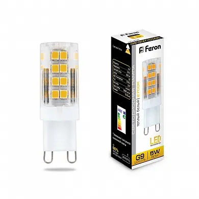 Лампа светодиодная Feron G9 230В 5Вт 2700К теплый