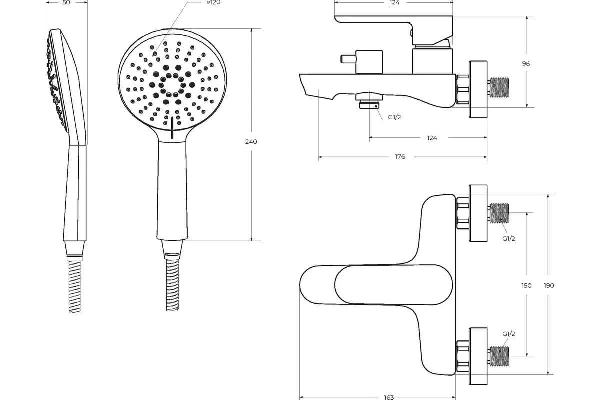 Смеситель для ванны и душа, хром CEZARES STYLUS-VD-01 в комплекте с ручным душем, шлангом и держател