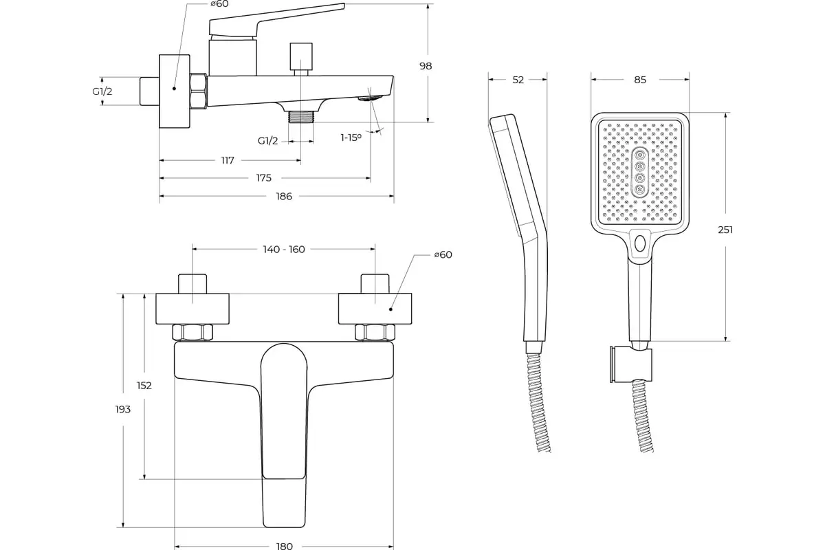 Смеситель для ванны и душа, хром BelBagno ARDENTE-VASM-CRM в комплекте с ручным душем, шлангом и дер