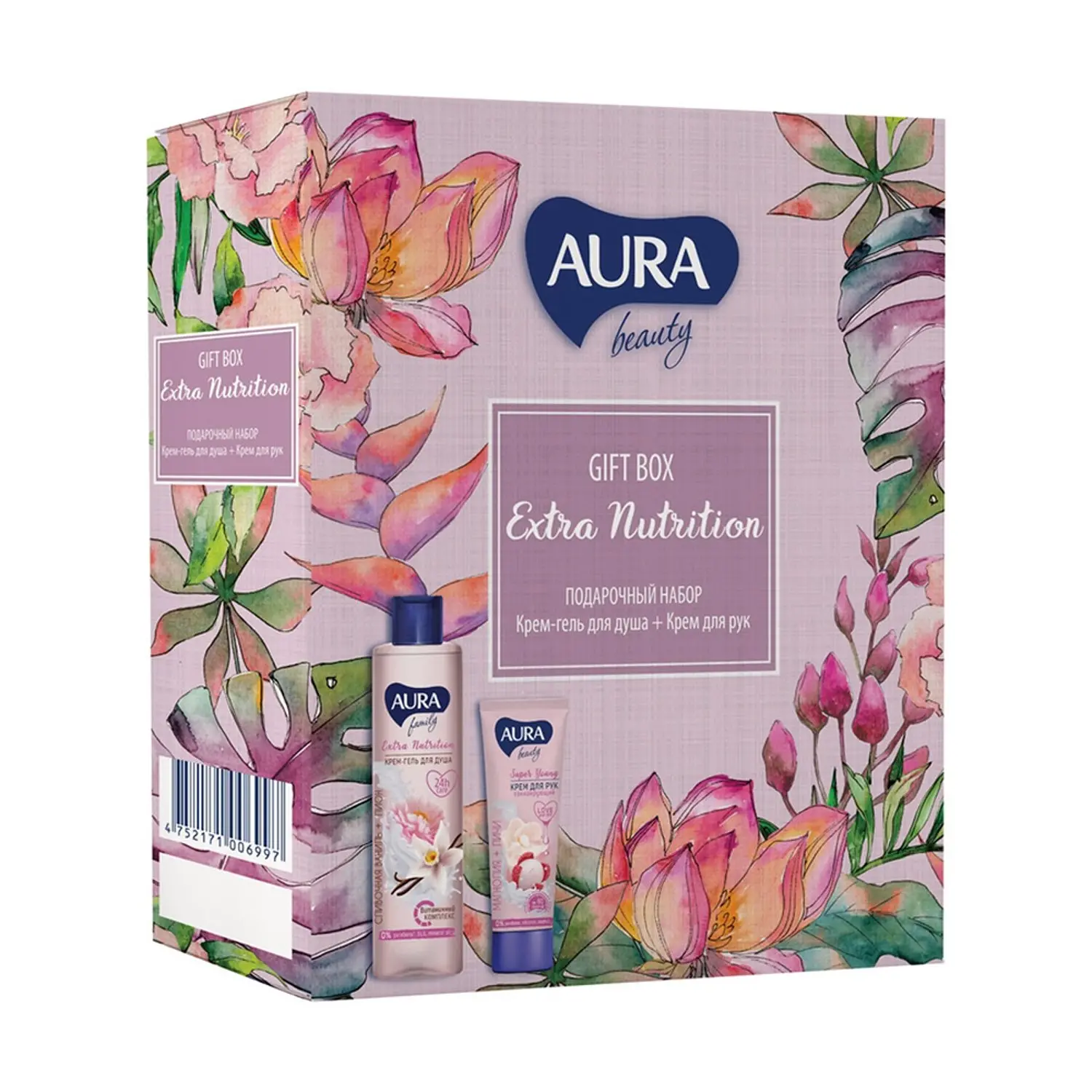 Набор AURA Extra Nutrition (Гель д/душа Слив ваниль/Пион 250мл+Крем д/рук Тонизирующий 75 мл)