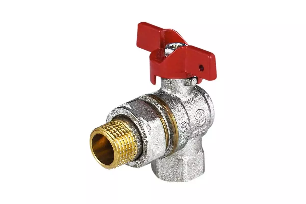Кран шаровой угловой полнопроходной 1/2&quot; ВР/американка, никель, бабочка красная, Aquasfera 1011-01