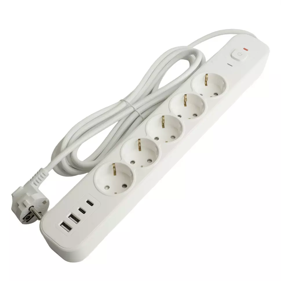 Сетевой фильтр STEKKER 5 розеток +2 USB +2 Type-C 1,8 метра 3520Вт 50102