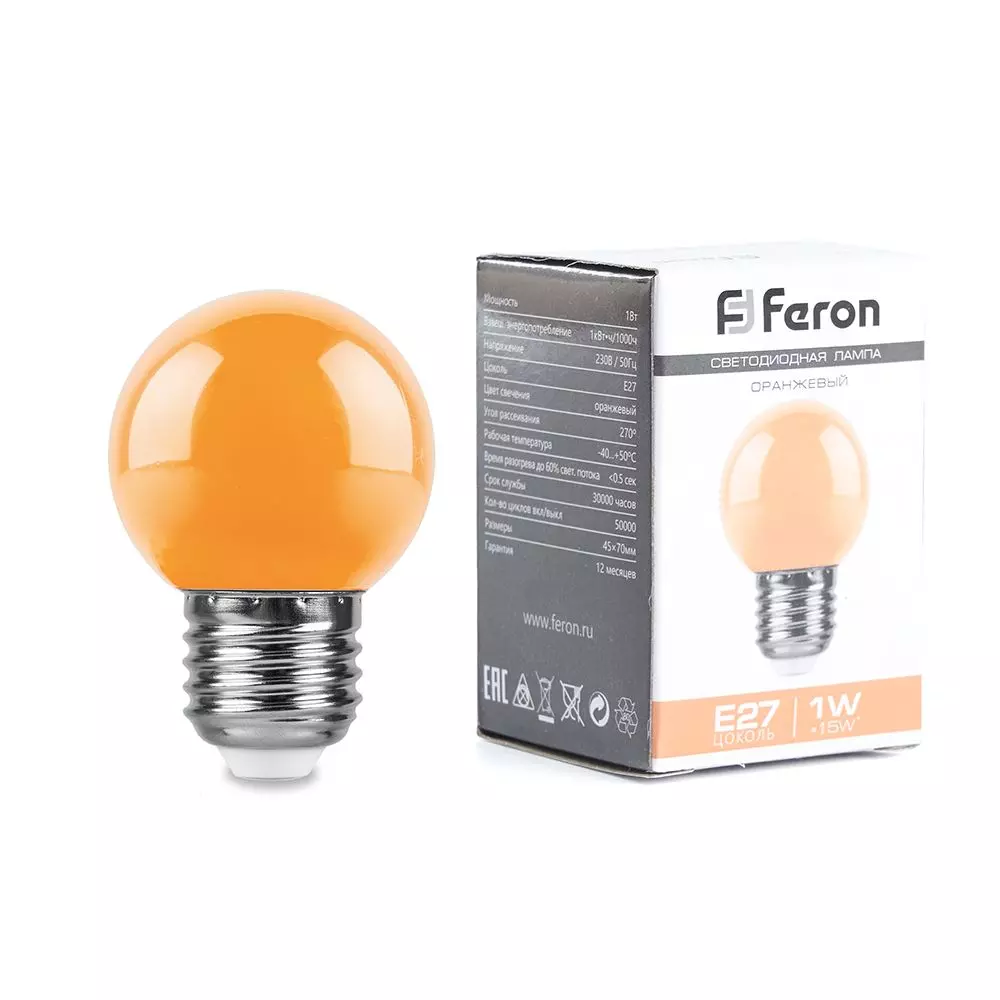Лампа светодиодная Feron 38124 230V E27 оранжевый G45 LB-37