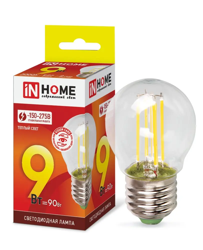 Лампа светодиодная IN HOME LED-ШАР-deco Е27 230В 9Вт 3000К 1040Лм прозрачная