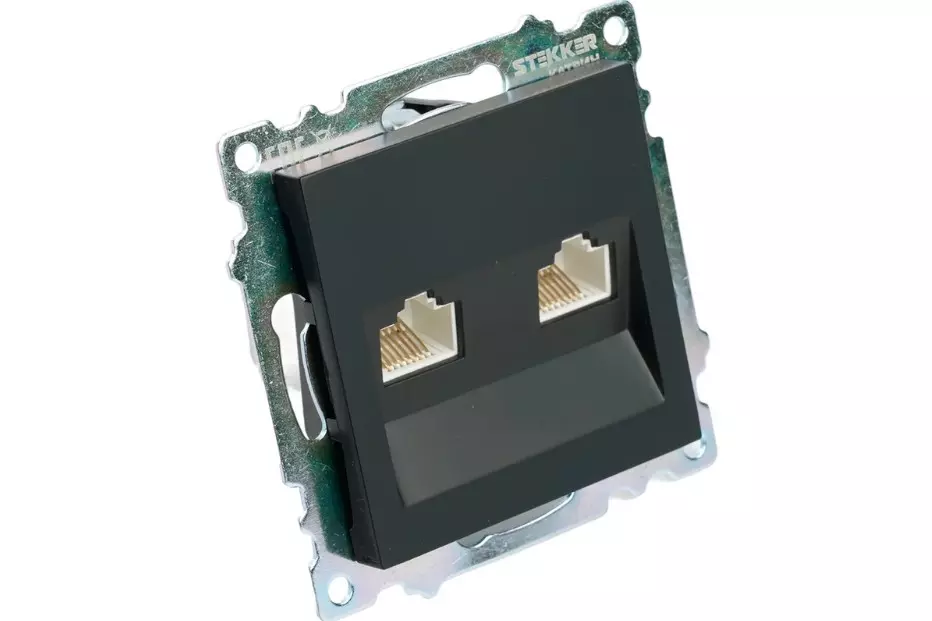 Розетка компьютерная на 2 места RJ-45 черный STEKKER Катрин 50007