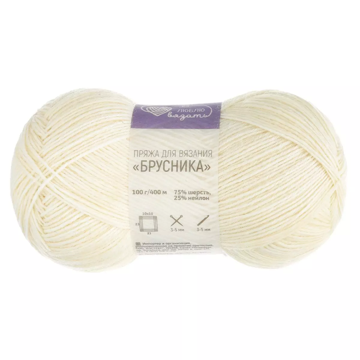 Смесовая пряжа шерсть 75 % нейлон 25 % 100 г 400 м белый носочная Люблю вязать 'Брусника"