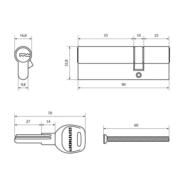 Цилиндровый механизм 90 мм (30x60) АЛЛЮР HD F 90-5К CP хром перф.ключ/ключ