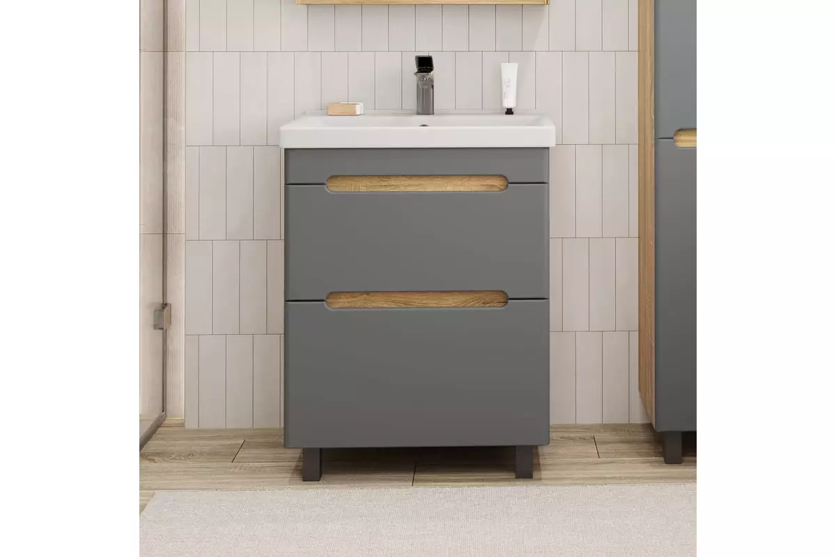 Тумба с раковиной напольная SanStar Diva 60 дуб вотан, графит + рак. Фест 60, 458.1-1.4.1.КФЕС