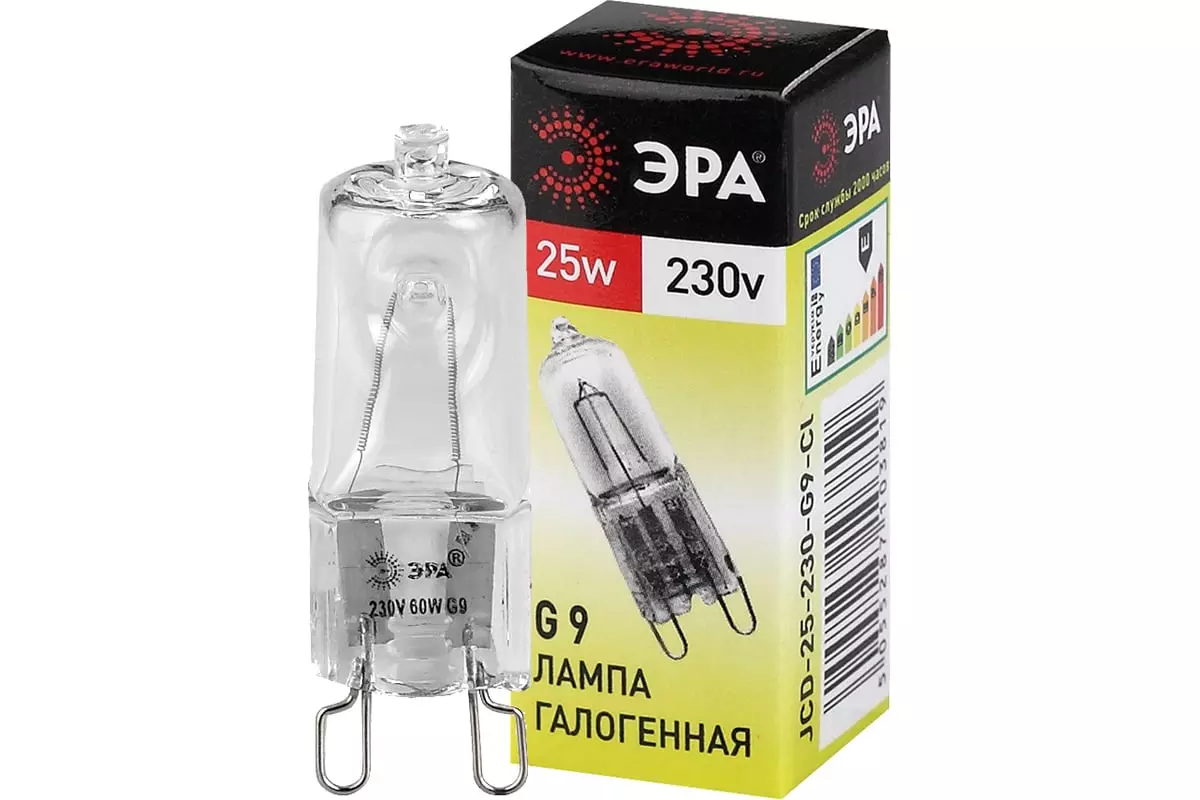 Лампа галогенная G9 220В 25Вт капсула прозрачная ЭРА C0027376
