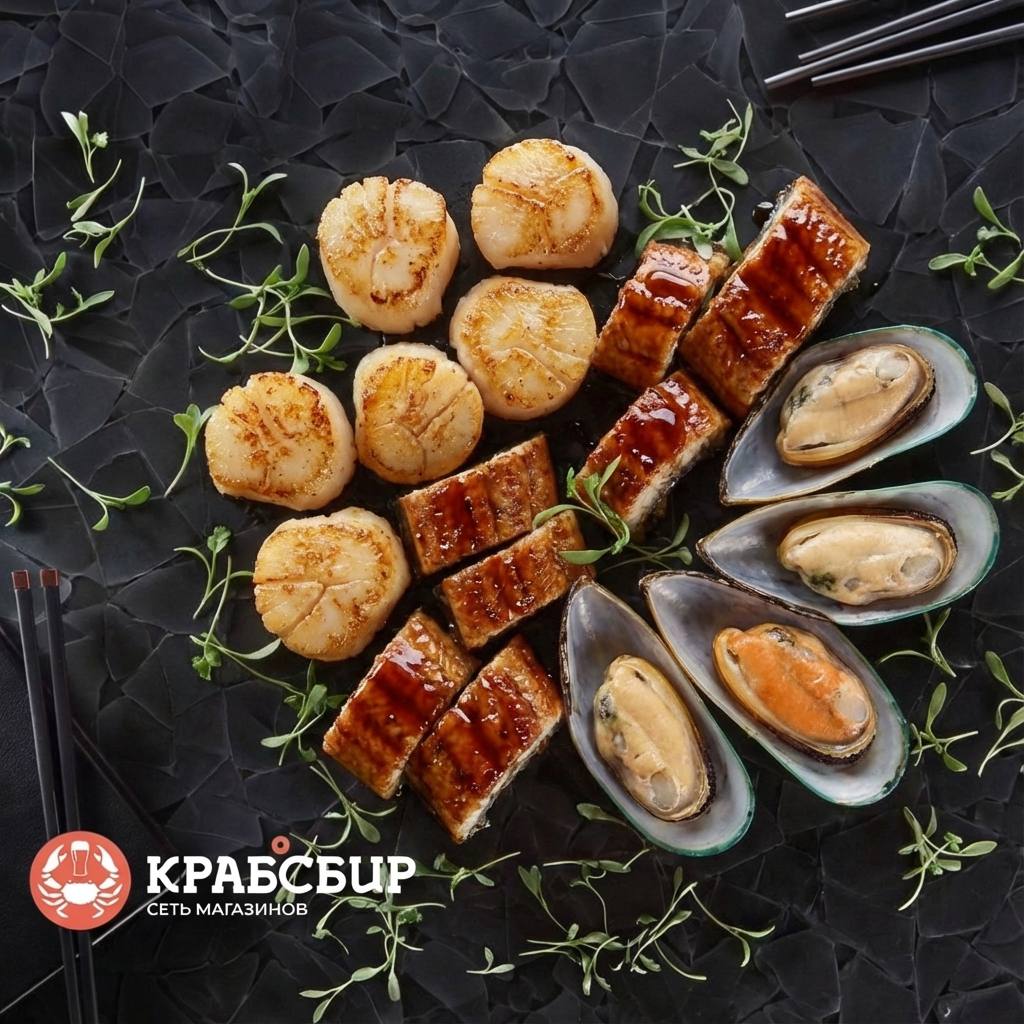 Угорь, гребешки, мидии