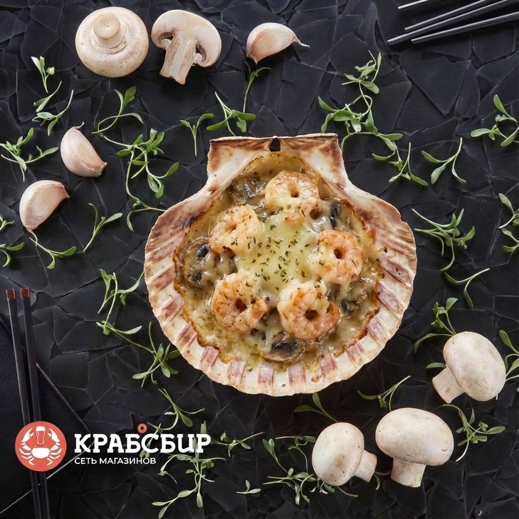 Жульен из креветки и кальмара на створке ракушки