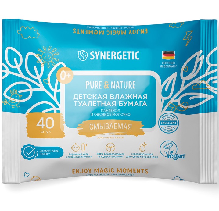 SYNERGETIC Детская влажная туалетная бумага Pure&Nature, пантенол и овсяное молочко, 40 шт.*20