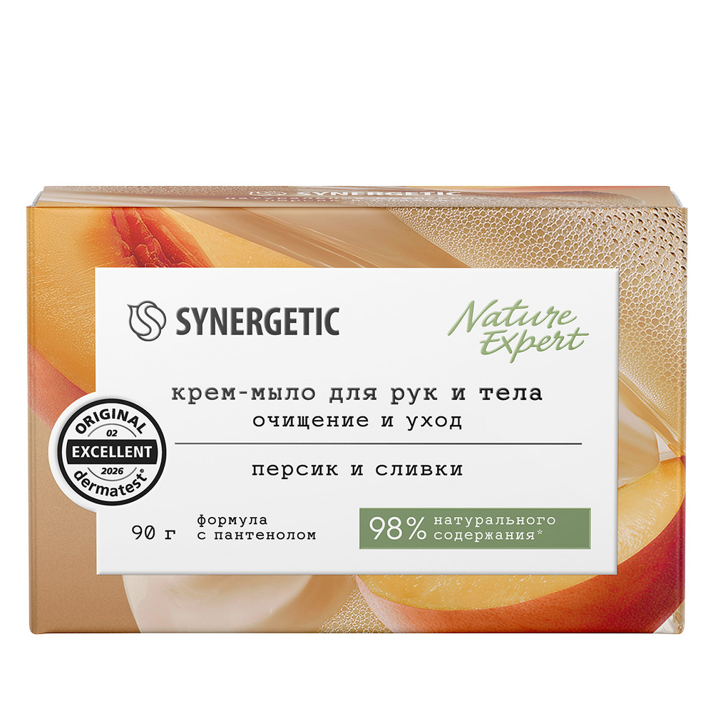 SYNERGETIC натуральное туалетное мыло-крем персик и сливки 90гр 24 шт/уп