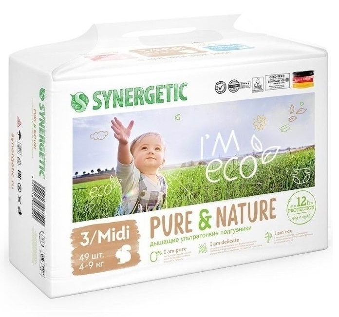 SYNERGETIC Подгузники Pure&Nature, 3/MIDI (4-9кг), 49шт.*4