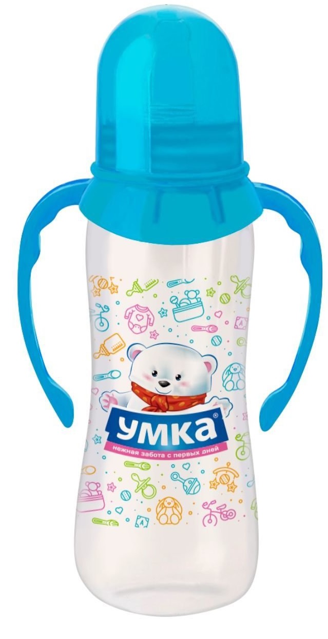 Бутылочка для кормления с ручками с силиконовой соской ТМ"Умка" от 6 мес. 250 мл*12 (бирюзовая)