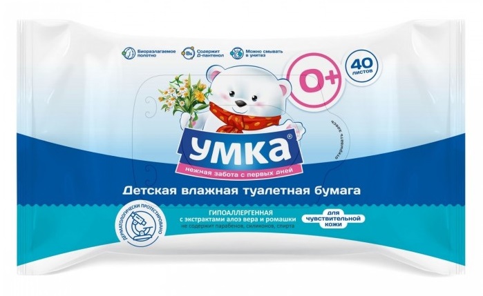 Влажная туалетная бумага с экстрактами алоэ вера и ромашки УМКА (big-pack 40 шт.)*18